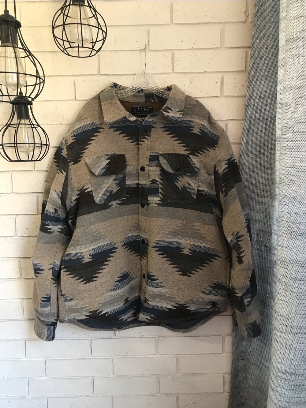 Jachs Men's XXL southwestern Pattern Shirt Jacket Tan Cream Navy Lined